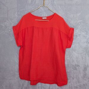 SAIPH Red Orange Short Sleeve Linen Top Size 1X Italy Gauzy Mixed Media Boxy